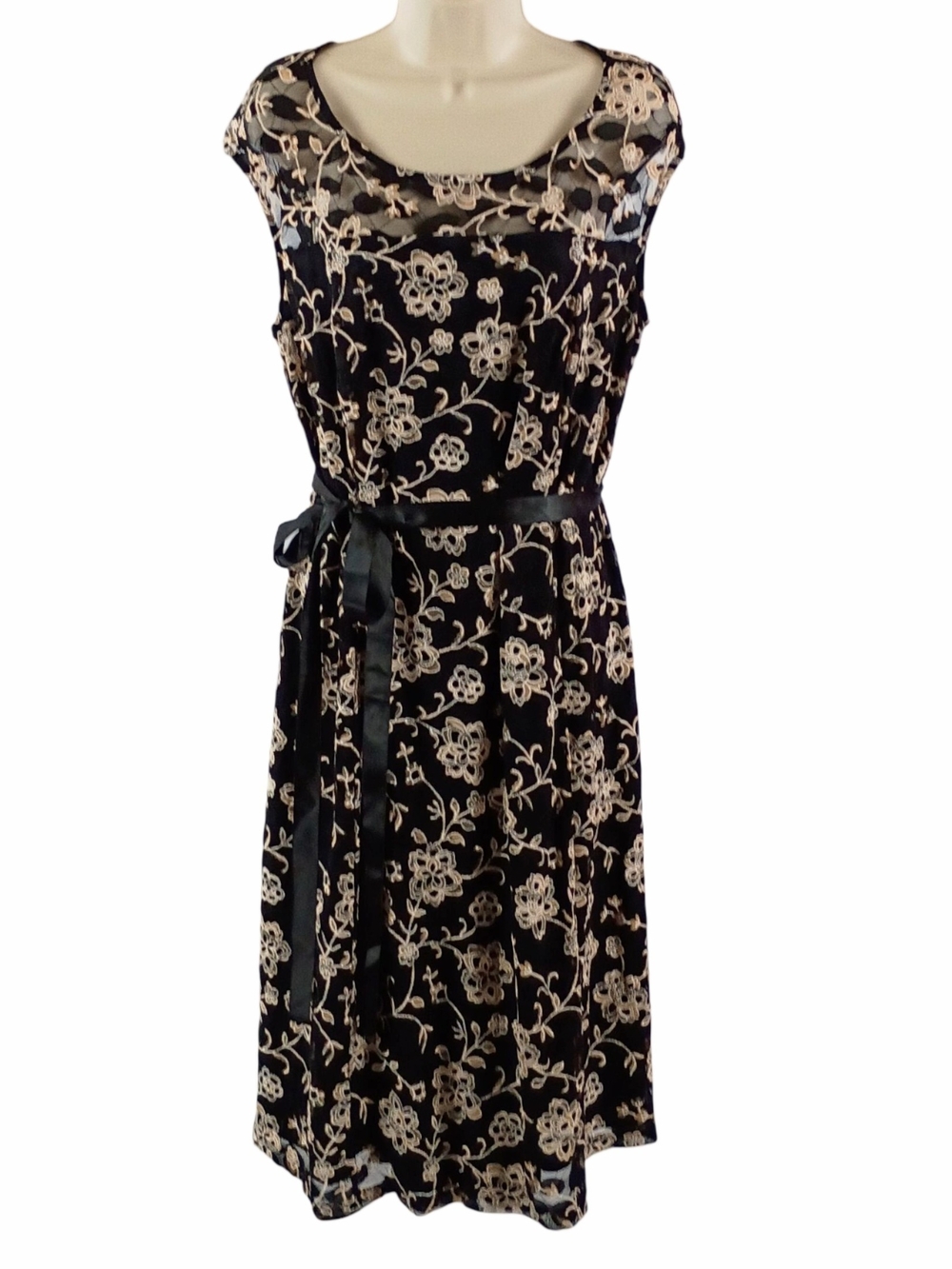 Lovely Grace Black Dress with Cream And Gold Floral Embroidery and Satin Tie